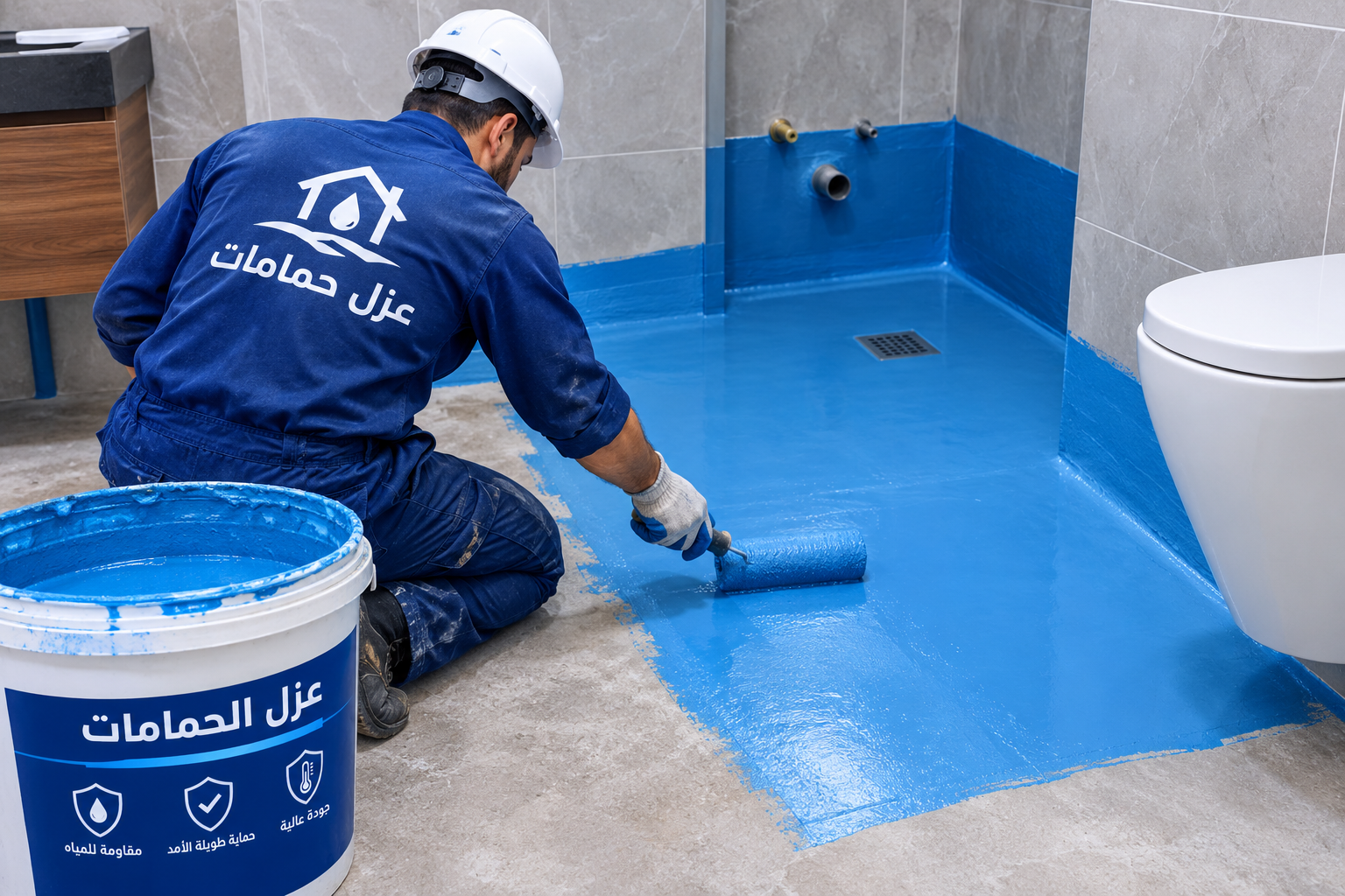 عامل شركة الولاء ينفذ العزل المائي للحمامات لحماية المنزل من تسرب المياه